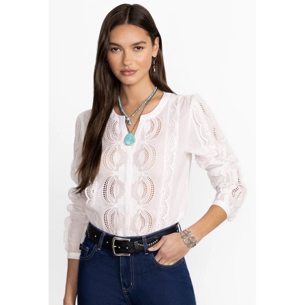 Johnny Was Jade Makaylin Sz M Eyelet Scalloped Lace Button Up Blouse White Boho